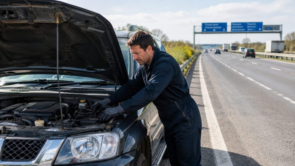 Mobile mechanic checking under the bonnet of a broken-down car on a motorway hard shoulder