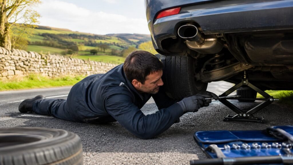 Mobile mechanic working underneath a jacked-up car on the exhaust system