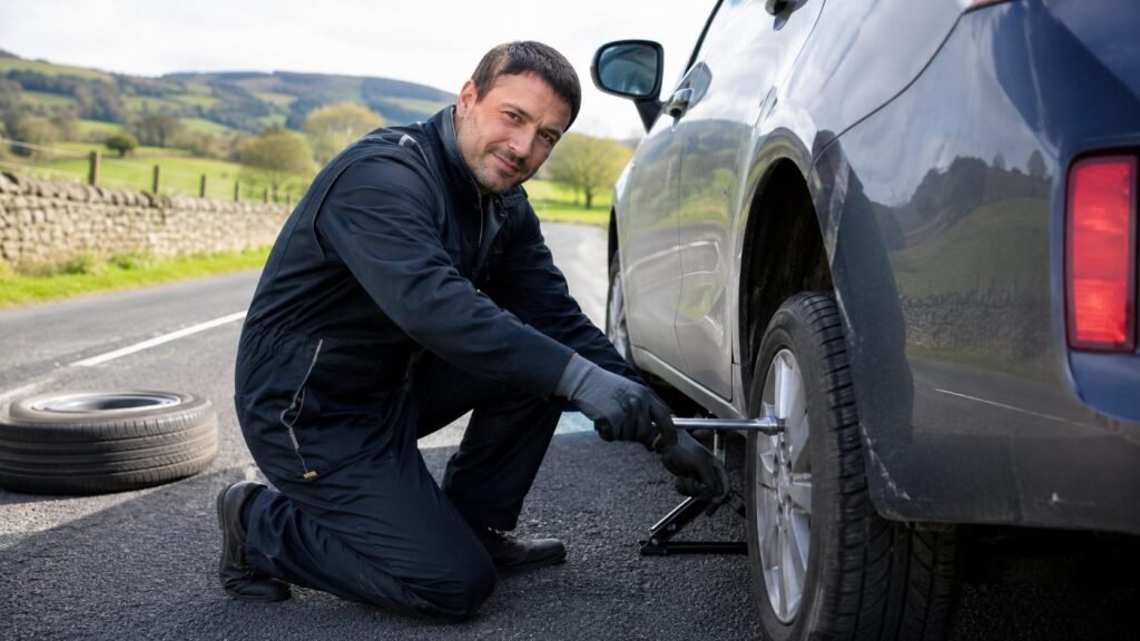 Mobile mechanic changing a punctured tyre at the roadside